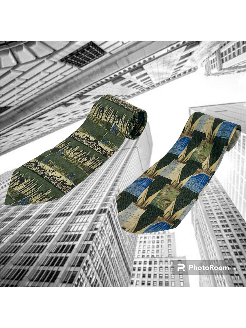 Pair of 2 Structure VTG 100% Silk Green Blue Tan Classic Necktie Tie Buildings